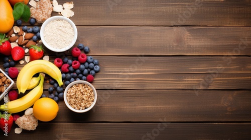 Vibrant bananas, berries, and whole grains on a rich dark wooden surface, ideal for a health-focused theme