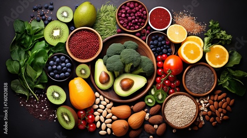 Fresh fruits and a variety of nuts and seeds artfully displayed on a dark background emphasizing a nutritious diet