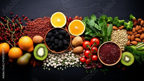 A mix of fruits, legumes, nuts, and grains emphasizing the concept of superfood-rich diet on a black surface photo