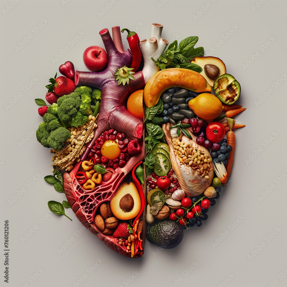 A photorealistic image depicting a human heart divided into two halves. One half is a realistic portrayal of various heart-healthy foods