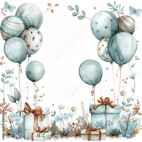 boho party border with gifts and balloons , in pastel watercolor pencil style, border soft blue and brown, isolated on a white background photo