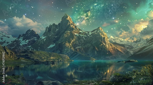 Dramatic scenery of starry skies  towering mountains and lakes