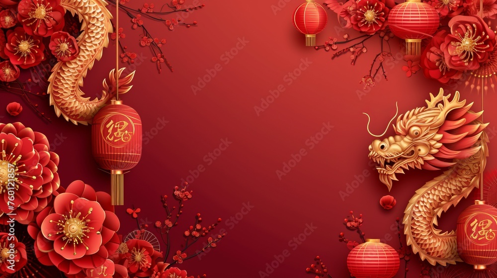 Stunning digital artwork showcasing a twisting golden dragon surrounded by red hanging lanterns and floral blooms against a crimson backdrop Stunning digital artwork showcasing a twisting golden dragon surrounded by red hanging lanterns and floral blooms against a crimson backdrop