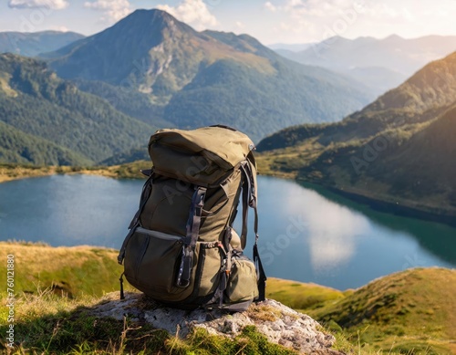 Backpack on the mountain and lake background. Generated with AI