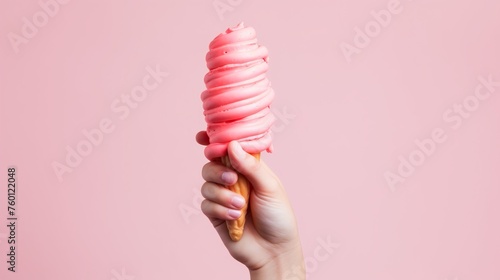 A vibrant pink swirl of soft serve ice cream is comfortably held against a monochromatic pink background, exuding a playful and indulgent vibe