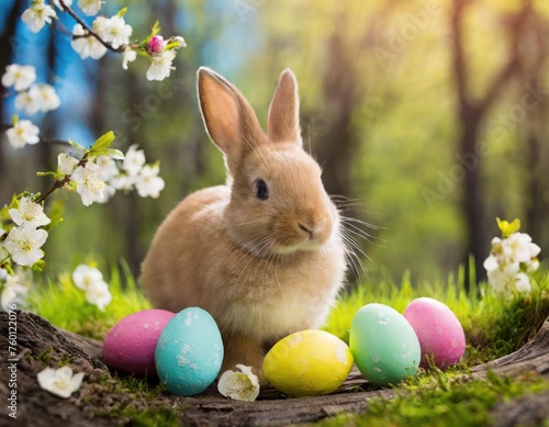 Easter bunny and easter eggs in the meadow with flowers. Generated with AI