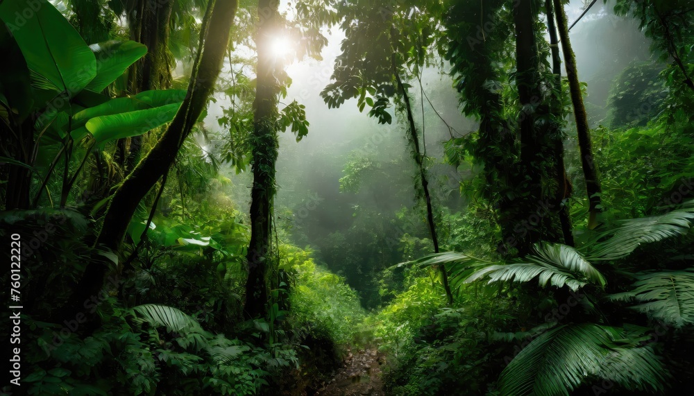Fototapeta premium Humid tropical jungle with sun and fog around. Generated with AI