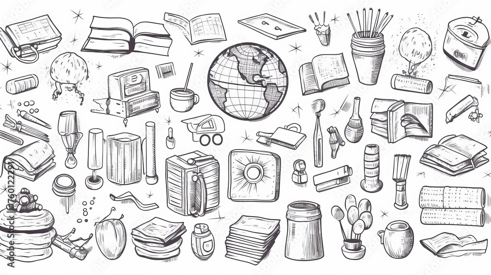 Fototapeta premium A greyscale illustration filled with various educational icons such as books, globe, and stationery