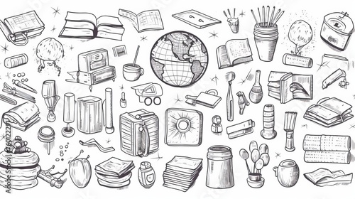 A greyscale illustration filled with various educational icons such as books, globe, and stationery