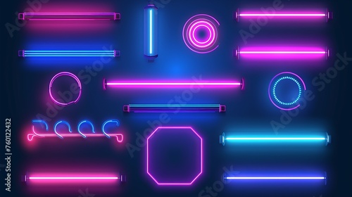A 190 character insightful image of a creatively arranged variety of neon lights in unique shapes against a deep blue backdrop