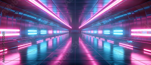 a futuristic and symmetrical corridor illuminated by neon lights reflecting on the glossy floor.