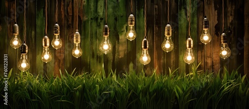 Artful display of light bulbs hanging from a wooden fence in a lush grass meadow, creating a unique and enchanting ambiance for any outdoor event