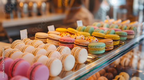  colorful macarons on display case  © Poprock3d