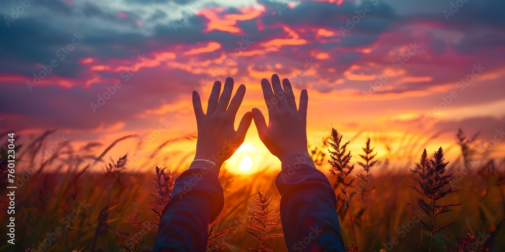 Hands lifted in worship at sunset embodying faith spirituality and gratitude. Concept Faith, Spirituality, Gratitude, Sunset, Worship
