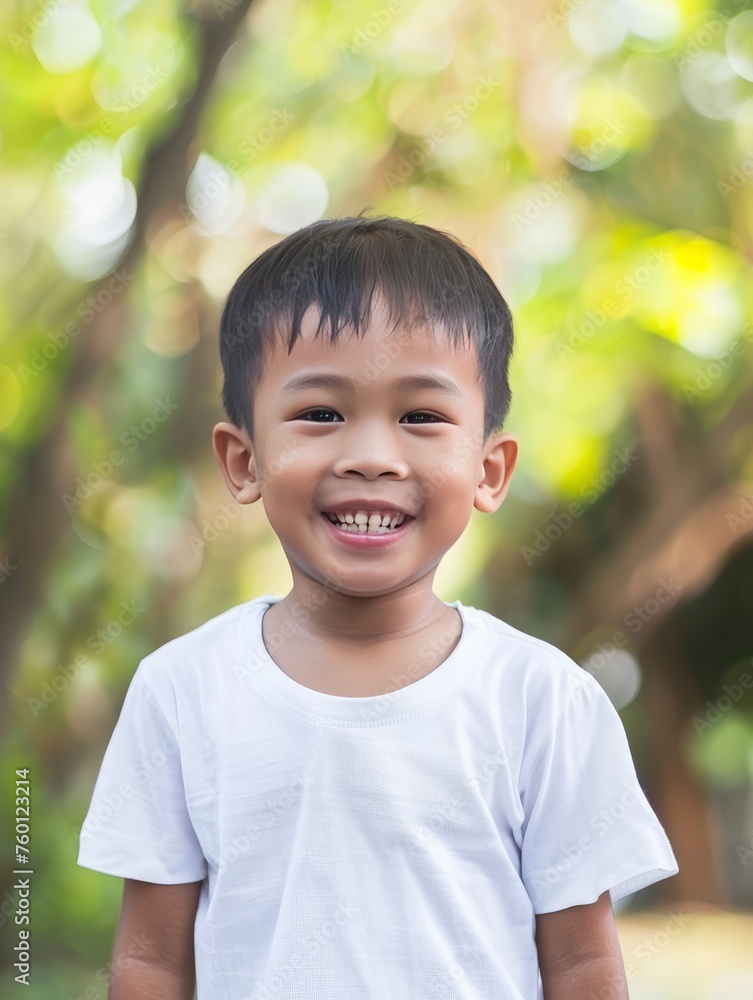 A happy kid wearing blank white shirt with blurred background of park A happy kid wearing blank white shirt with blurred background of park