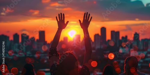 Embodying Faith, Spirituality, and Gratitude: Hands Lifted in Worship at Sunset. Concept Faith, Spirituality, Gratitude, Worship, Sunset