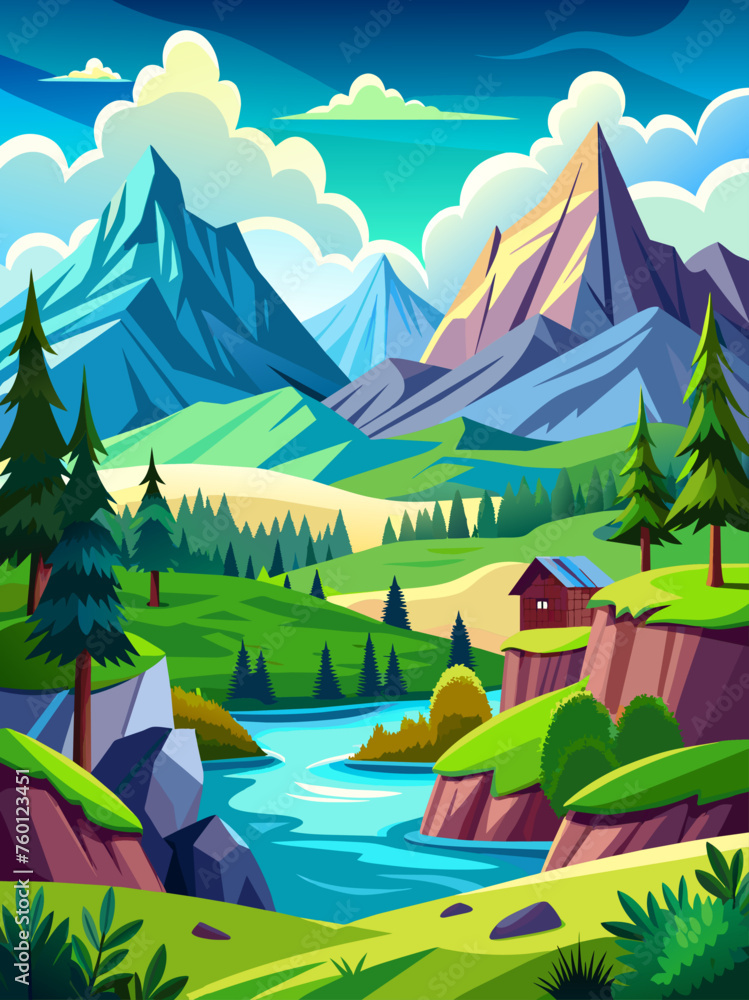 Fototapeta premium Tranquil countryside scene with rolling hills, lush greenery, and a meandering river.