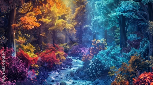 Fantastic colorful forest landscape with streamlet. Abstract design with surreal scenery