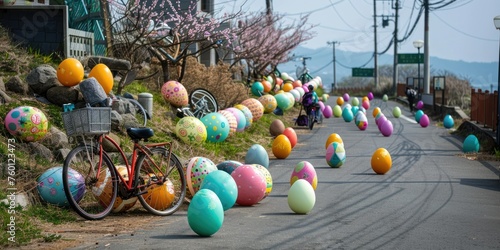 easter egg run on the streed decorated with colored big egg with bike and near the hill