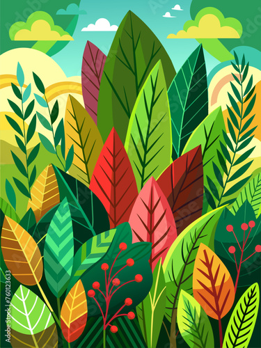 Leaves in verdant hues dance across the serene landscape, creating a vibrant and tranquil backdrop.