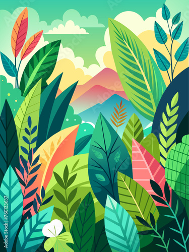 Leaves vector landscape background features a verdant forest scene with lush foliage and depth.