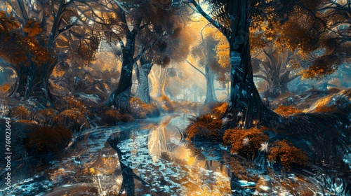 Fantastic forest landscape with streamlet. Abstract design with surreal scenery