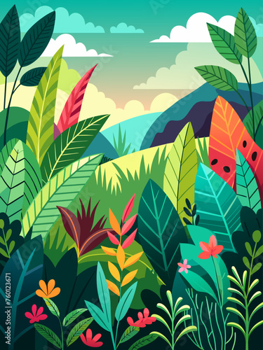 Leaves in verdant hues dance across the serene landscape, creating a vibrant and tranquil backdrop.