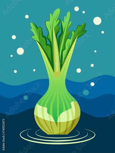 Water droplets adorn the emerald-green leaves of a vibrant leek standing in a crisp, blue backdrop.