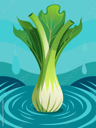 A leek vegetable is submerged in water, with a blurred background.