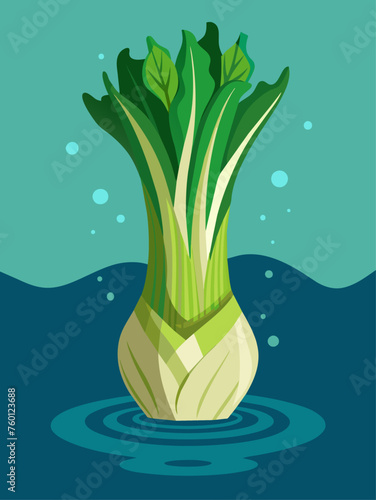Water droplets adorn the emerald-green leaves of a vibrant leek standing in a crisp, blue backdrop.