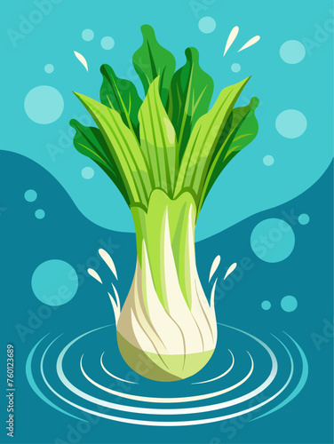 A bunch of fresh leeks resting on a glistening water background.