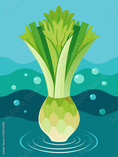 A leek vegetable is submerged in water, with a blurred background.