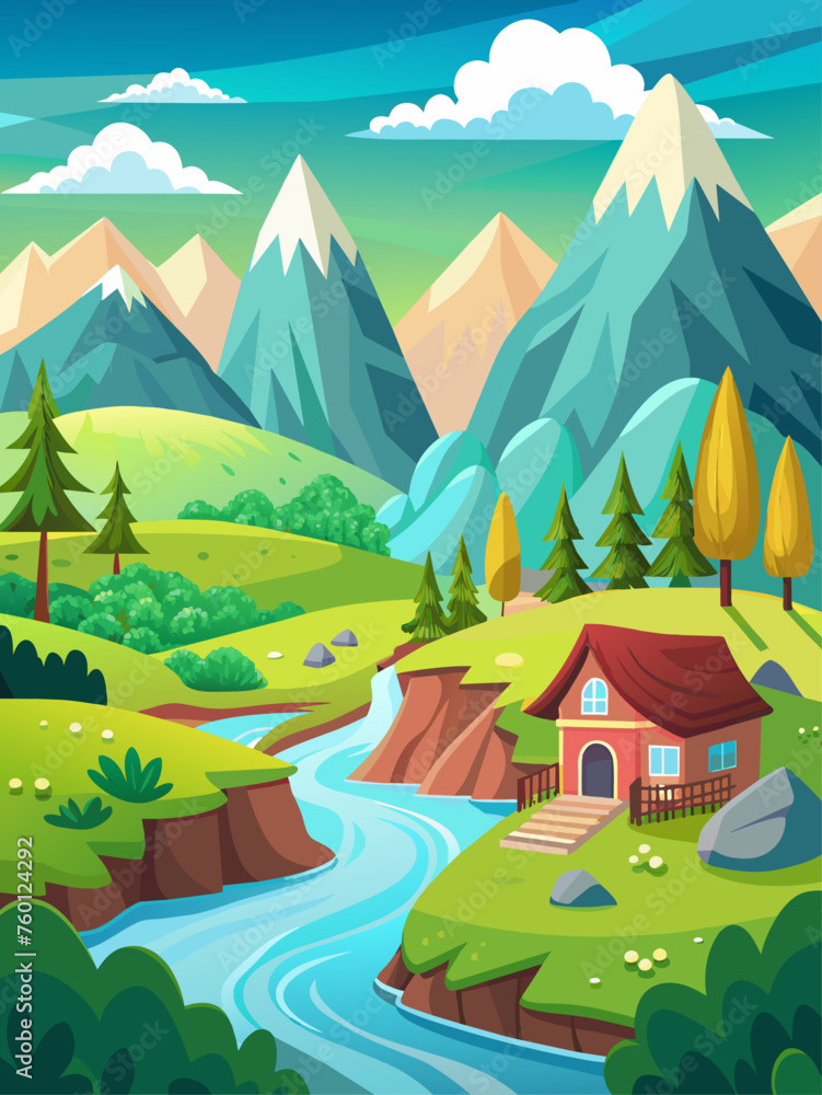 Lovely vector landscape background of a serene mountain range and lush green fields.