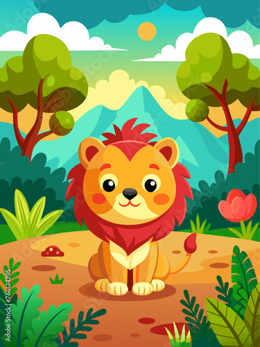 A majestic lion sits regally in a verdant landscape, its golden mane flowing in the gentle breeze.