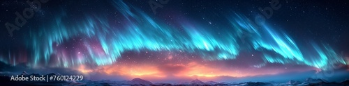 Northern lights  above snow trees. Winter landscape with mountains and forest. Aurora borealis with starry in the night sky. Fantastic Winter Epic Magical Landscape. Gaming RPG background