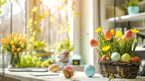 Tulip flower arrangement with easter egg in the table floris easter celebration preparation in bright calm ambience photo