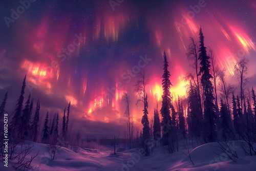 Northern lights  above snow trees. Winter landscape with mountains and forest. Aurora borealis with starry in the night sky. Fantastic Winter Epic Magical Landscape. Gaming RPG background