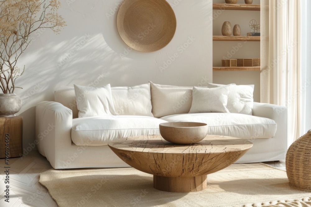 Cozy living room interior with knitted blanket on comfortable sofa Cozy living room interior with knitted blanket on comfortable sofa