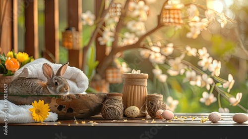 wooden easter decoration with easter bunny and braown easter egg with background of green blurry plant with bright light