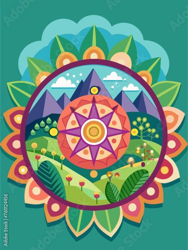 A vibrant and serene landscape with an intricate mandala pattern adorning the ground.