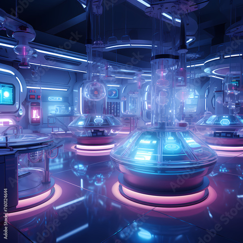 A futuristic laboratory with glowing equipment. 