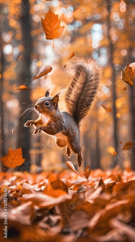 a red squirrel mid-leap through a pile of colorful autumn leaves