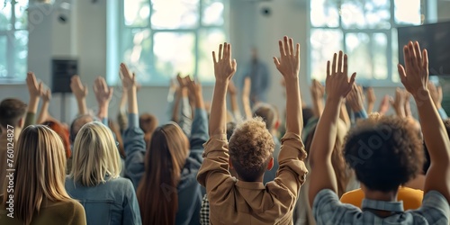Group of people with hands raised in worship at Christian gathering. Concept Christian Gathering, Worship, Group Prayer, Raised Hands, Spiritual Community photo