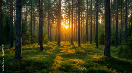 Pine forest with bright sun rays through dense trees showing serene atmosphere © aurorasky