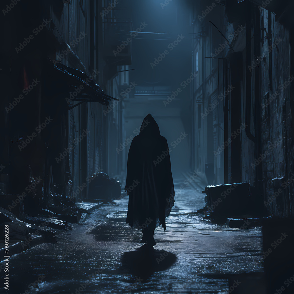 A mysterious figure in a hooded cloak in a dark alley - obrazy, fototapety, plakaty 