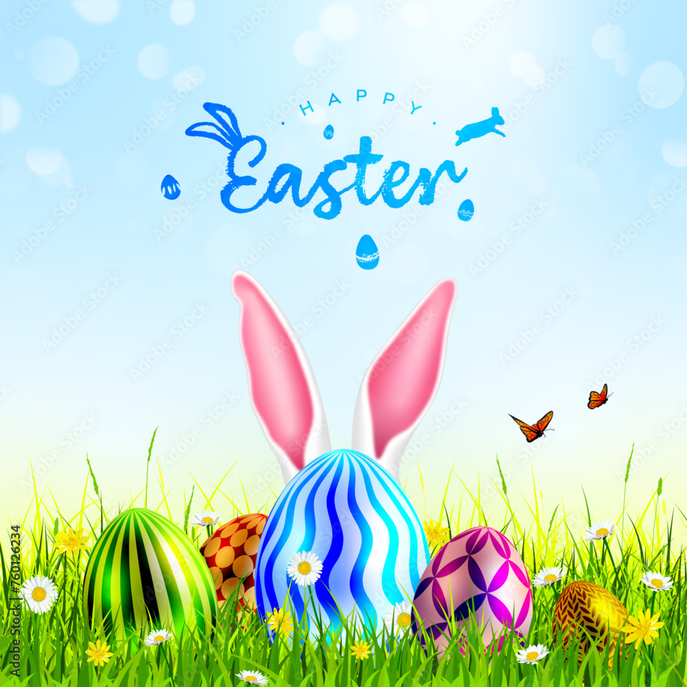 Easter card with Easter bunny ears and Easter eggs on the grass. Easter poster with rabbit and eggs