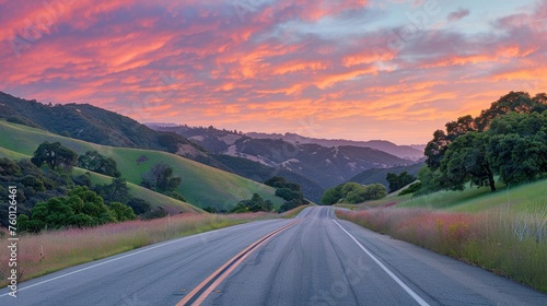 Serene clean roads at sunrise, stretching through rolling hills adorned with vibrant greenery, the soft glow of dawn painting the sky in hues of pink and orange