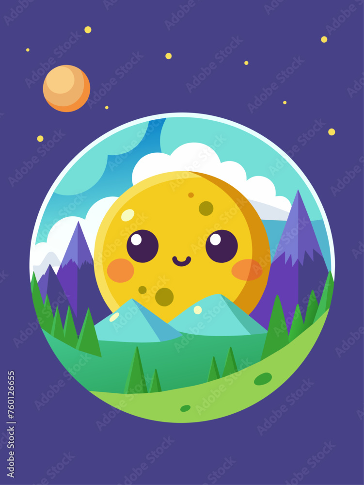 Naklejka premium Adorable moonlit night scene with clouds and stars in a pastel palette.