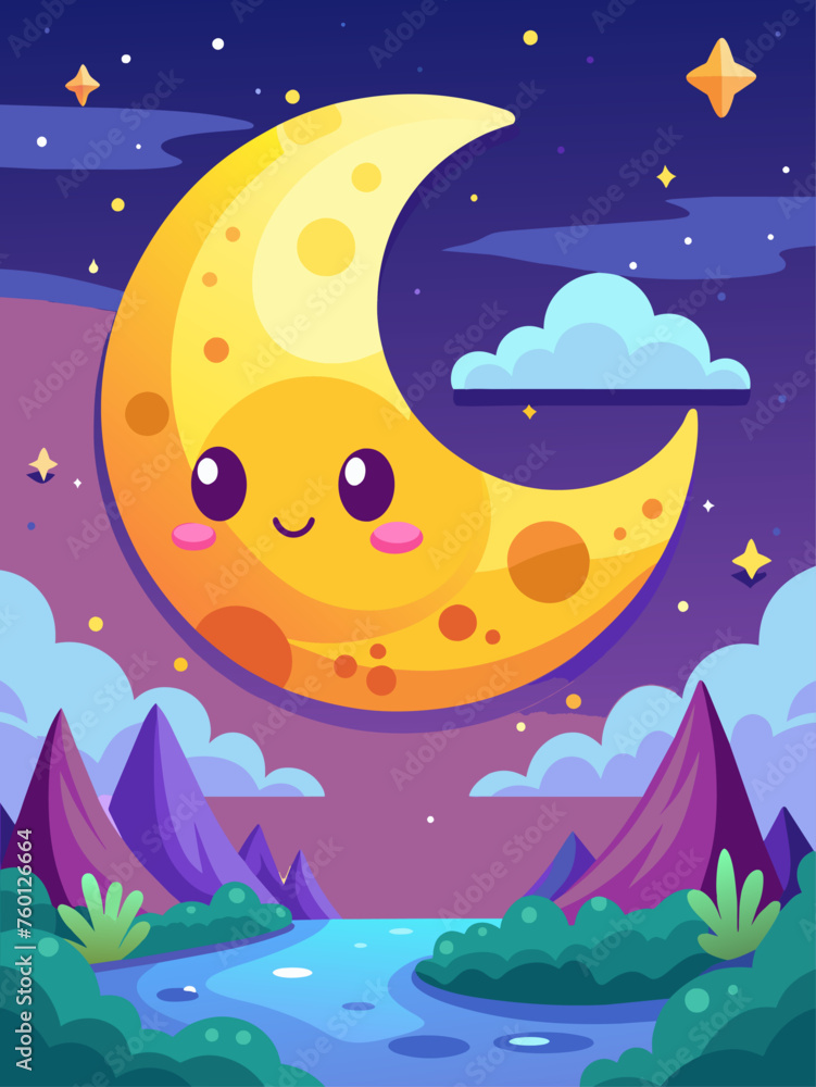 A cartoonish moon shines bright against the backdrop of dark blue, dotted with miniature trees, clouds, and stars. A cartoonish moon shines bright against the backdrop of dark blue, dotted with miniature trees, clouds, and stars.