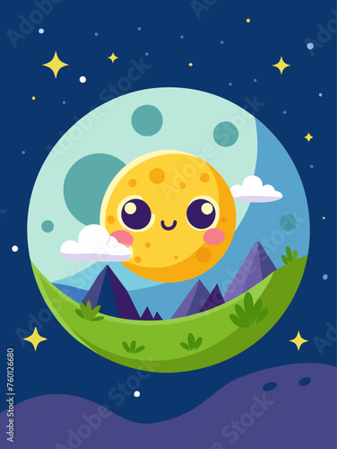 An adorable moonlit night sky casts a soft glow over a tranquil landscape of rolling hills and twinkling stars.